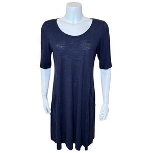 Eileen Fisher Hemp Cotton T-Shirt Dress S Slub Knit Short Sleeve Navy Blue